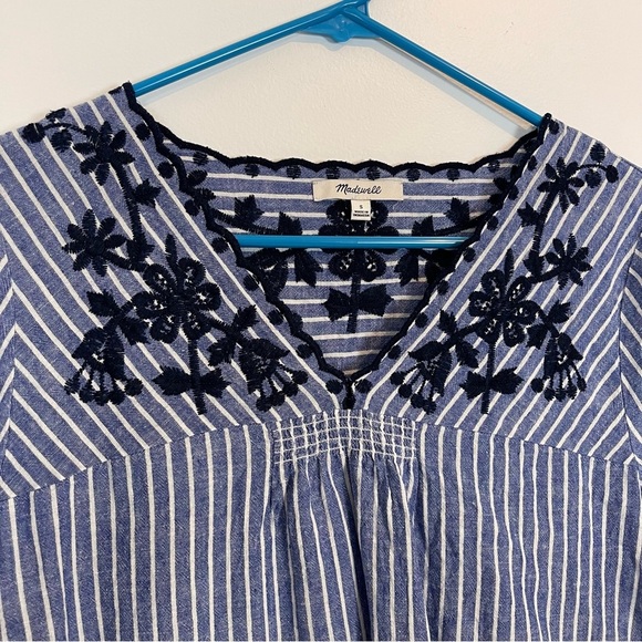 Madewell Breeze Embroidered Shift Dress v neck striped 2/3 sleeve pocket size S - Picture 2 of 7